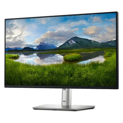 Monitor Dell Pro 24 Plus P2425H, preto com base prateada, tela mostrando uma paisagem com montanhas e lago