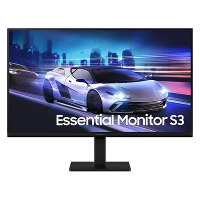 Monitor Samsung Essential S3 de 27 polegadas, preto, com base retangular e a tela mostrando um carro esportivo
