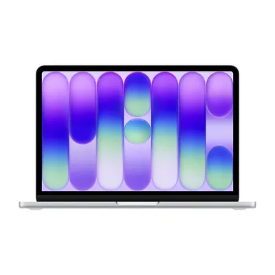 MacBook Neo prateado aberto, visto de frente, com a tela colorida do macOS