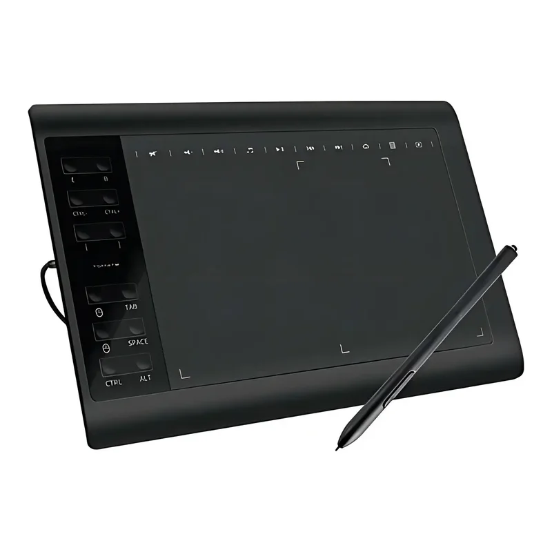 Mesa digitalizadora Tomate MTM-1106 preta com teclas de atalho e caneta, foto do catálogo do Mercado Livre