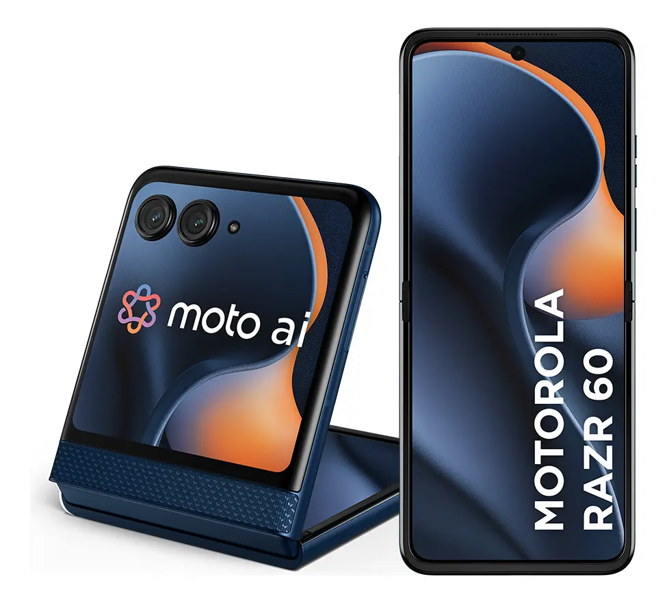 Motorola Razr 60 dobrável azul-marinho, aberto e fechado