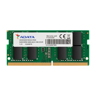Pente de memória Adata DDR4 de 16 GB para notebook, placa verde com chips pretos e etiqueta branca