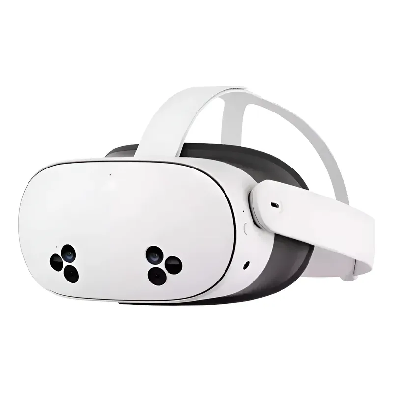 Óculos Meta Quest 3S branco visto de frente, com as câmeras e a alça de tecido