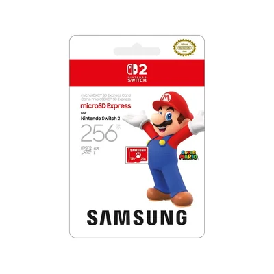 Embalagem do cartão Samsung microSD Express de 256 GB para Nintendo Switch 2, com o Mario na frente