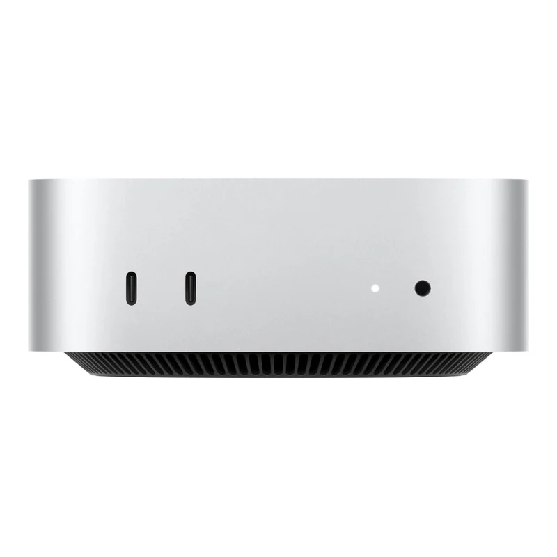 Mac mini M6 prateado visto de frente, foto de catálogo
