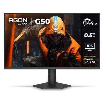 Monitor gamer AOC AGON G50 de 24 polegadas, preto, com base fixa, tela mostrando 144 Hz e IPS
