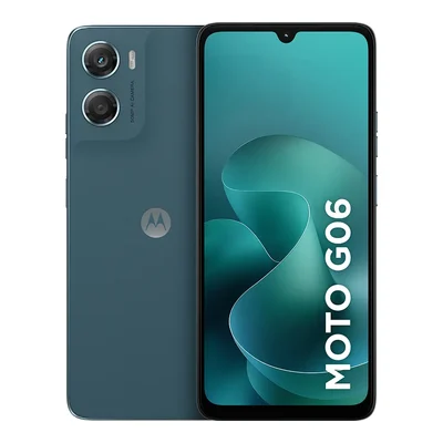 Celular Motorola Moto G06 verde, de frente e de costas