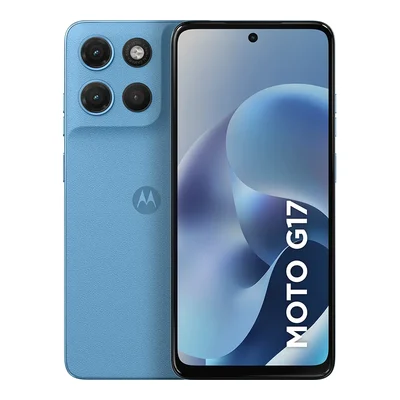 Celular Motorola Moto G17 azul, de frente e de costas, com três câmeras