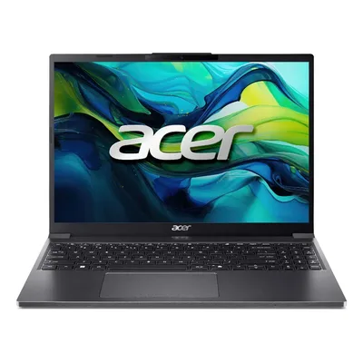 Notebook Acer Aspire Go 15 cinza-escuro aberto, de frente