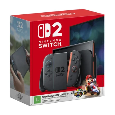 Caixa do pacote Nintendo Switch 2 com Mario Kart World, com o console e os Joy-Con 2 cinza com detalhes em laranja