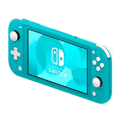 Nintendo Switch Lite turquesa visto de lado, com a tela mostrando o logotipo do Nintendo Switch