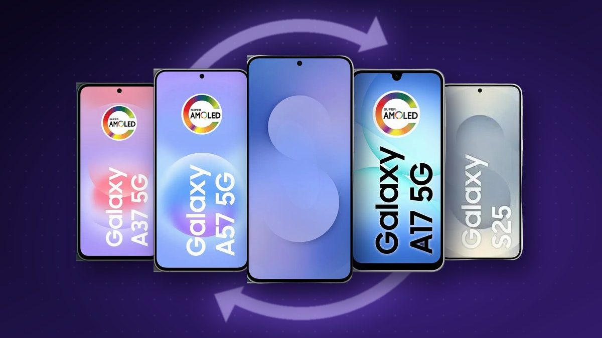 Cinco celulares Samsung Galaxy, A37, A57, S25 FE, A17 e S25, lado a lado sobre fundo violeta com setas de atualização