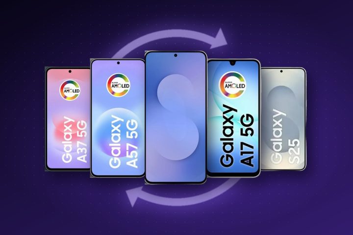 Cinco celulares Samsung Galaxy, A37, A57, S25 FE, A17 e S25, lado a lado sobre fundo violeta com setas de atualização