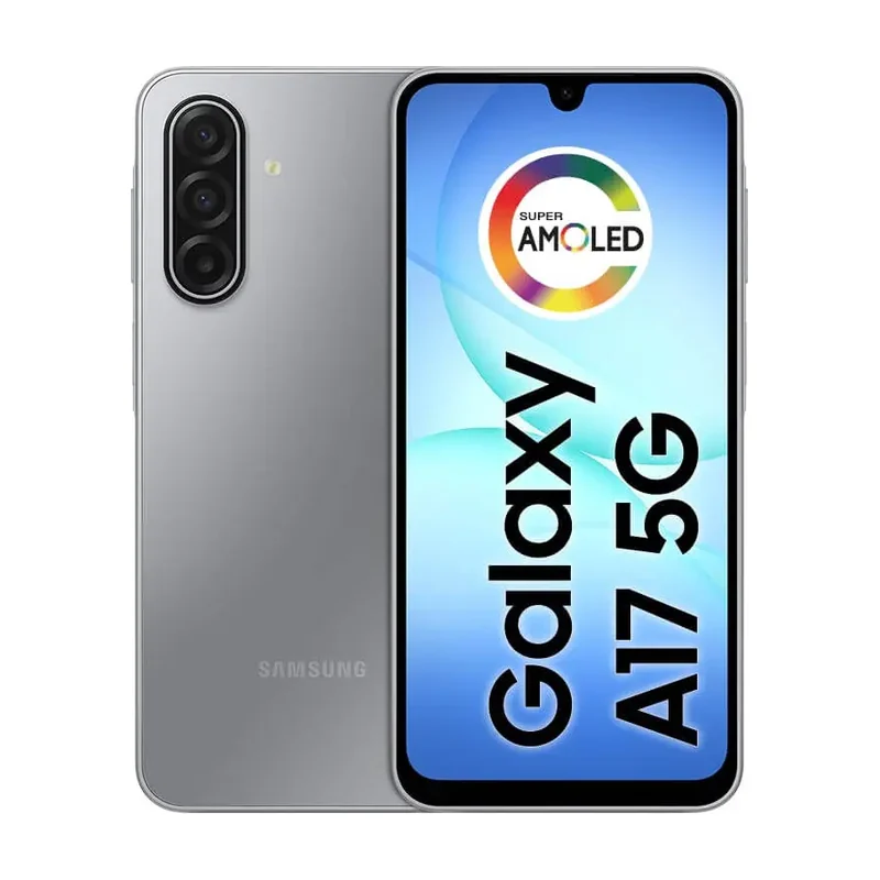 Samsung Galaxy A17 5G prata, visto de frente e de costas, com tela Super AMOLED