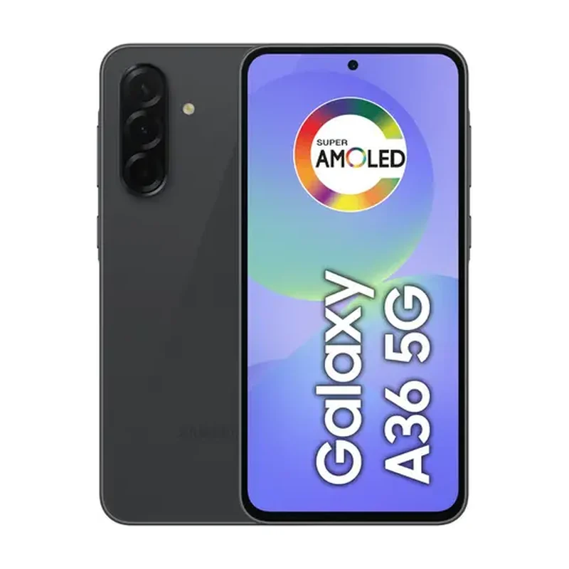 Samsung Galaxy A36 5G preto, visto de frente e de costas, com três câmeras traseiras