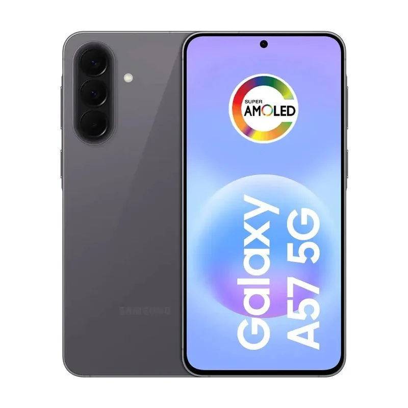 Samsung Galaxy A57 5G cinza, visto de frente e de costas, com três câmeras traseiras