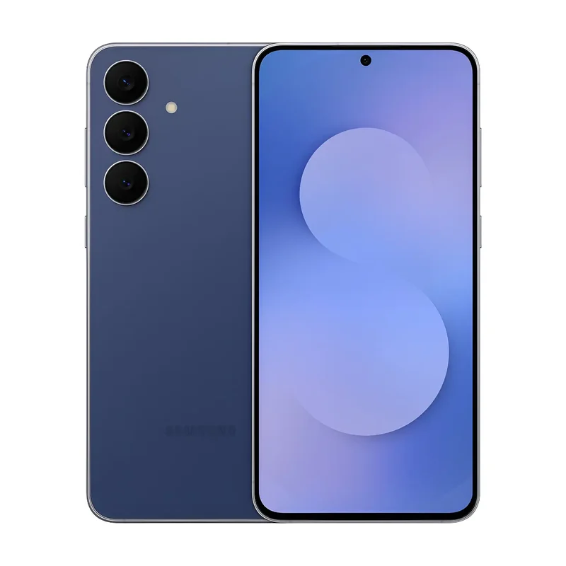 Samsung Galaxy S25 FE azul-marinho, visto de frente e de costas, com três câmeras traseiras