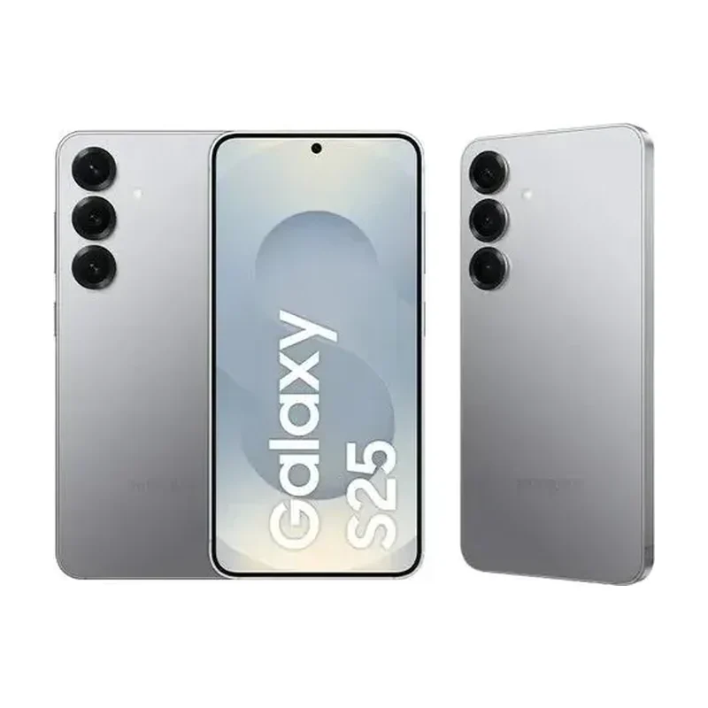 Samsung Galaxy S25 prateado, visto de frente e de costas, com três câmeras traseiras