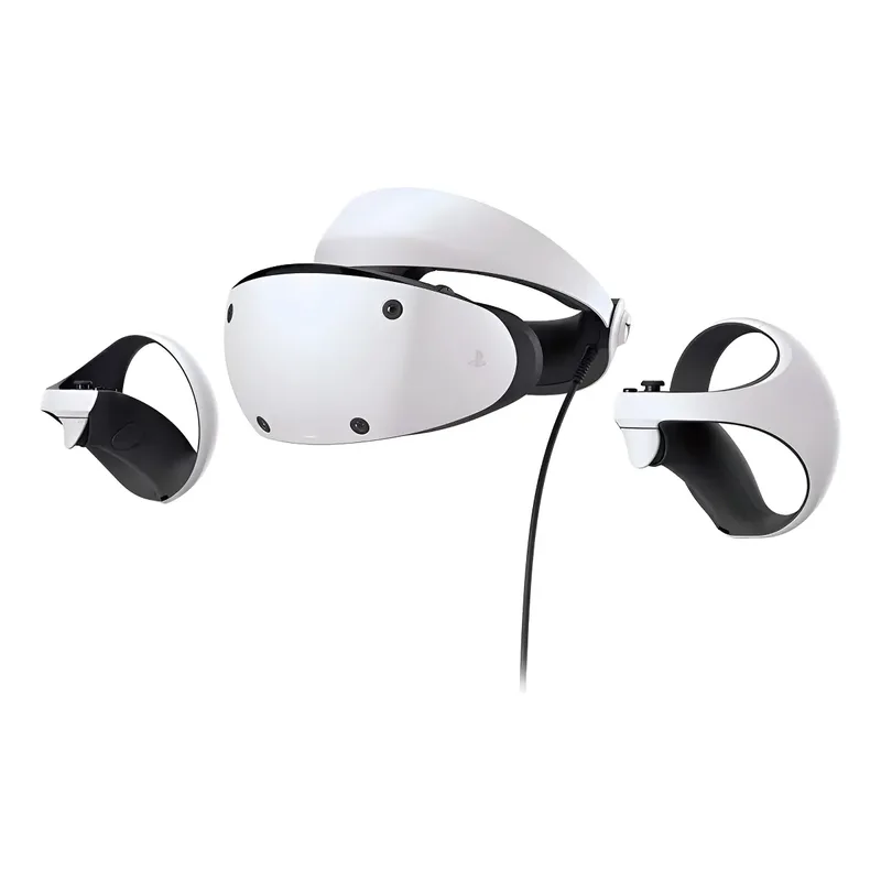 Óculos PlayStation VR2 branco com os dois controles Sense e o cabo USB-C