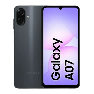 Samsung Galaxy A07 preto, visto de costas e de frente