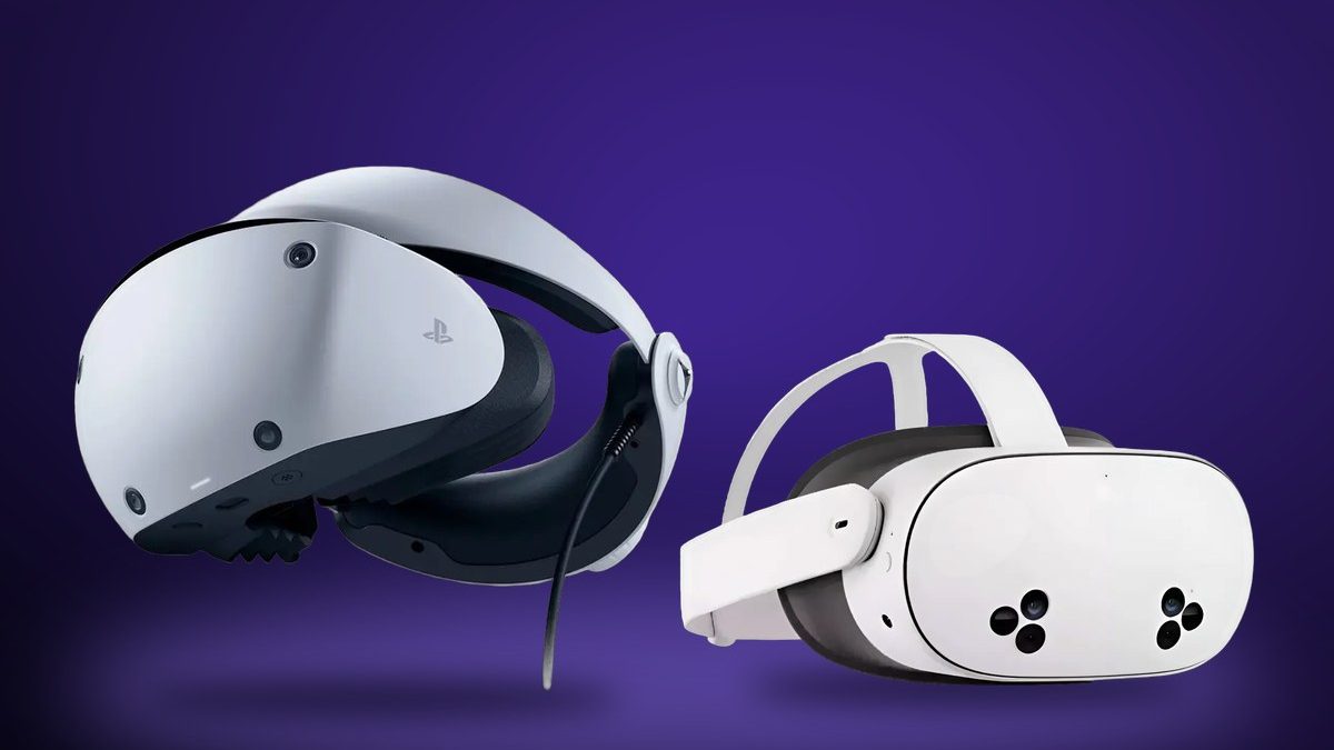 Óculos PlayStation VR2 e Meta Quest 3S lado a lado sobre fundo violeta