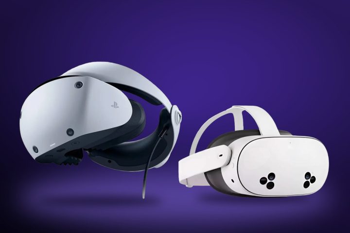 Óculos PlayStation VR2 e Meta Quest 3S lado a lado sobre fundo violeta