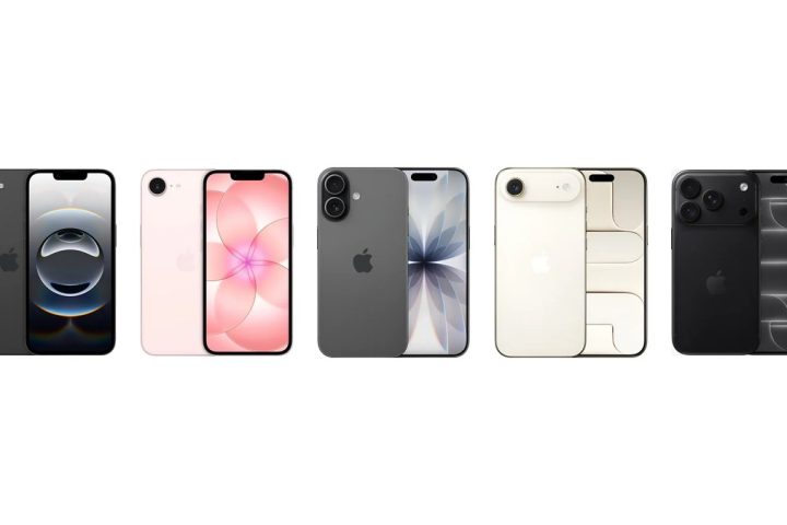 iPhone 16e, 17e, 17, Air e 18 Pro lado a lado, de costas e de frente