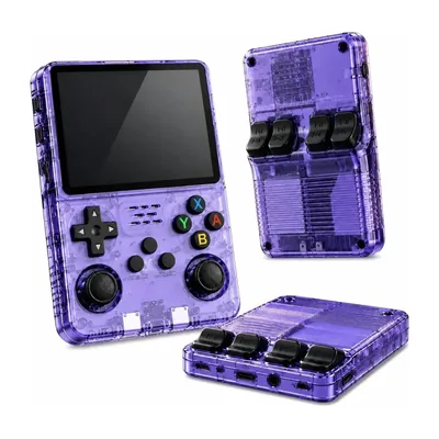 Console portátil R36S roxo transparente visto de frente, de costas e por baixo