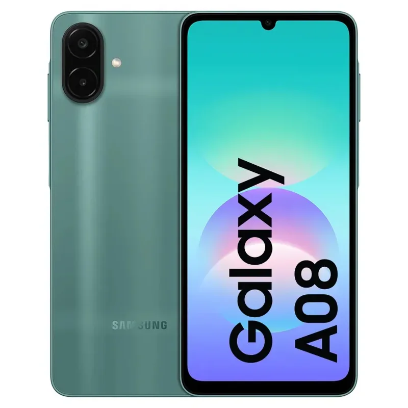 Celular Samsung Galaxy A08 verde, de frente e de costas, com a câmera dupla