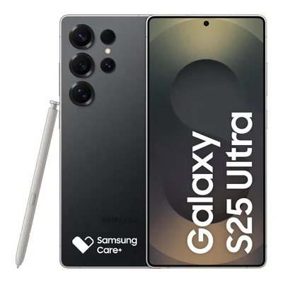 Celular Samsung Galaxy S25 Ultra titânio preto, de frente e de costas, com a caneta S Pen