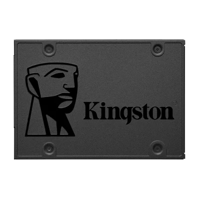 SSD Kingston A400 de 480 GB no formato de 2,5 polegadas, caixa preta com o logotipo da Kingston