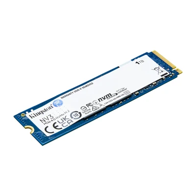 SSD Kingston NV3 de 1 TB, placa M.2 azul com etiqueta branca, visto de lado