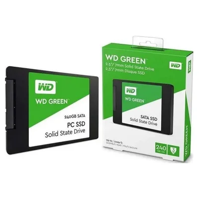 SSD WD Green de 240 GB, preto e verde, ao lado da caixa