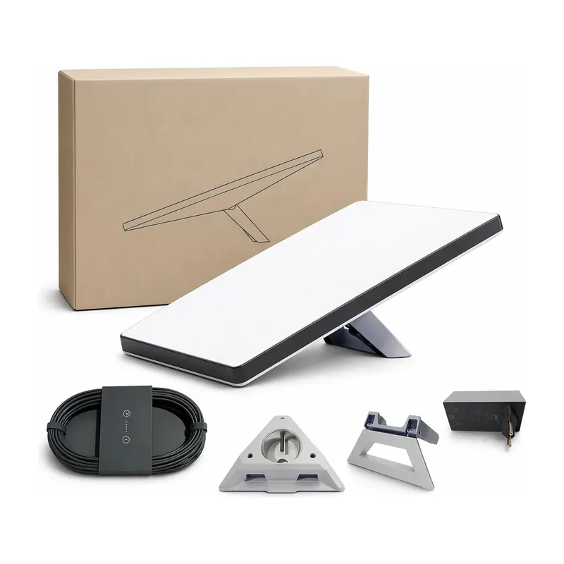 Kit Starlink Mini: antena branca no apoio, caixa, cabo, fonte, adaptador de tubo e base