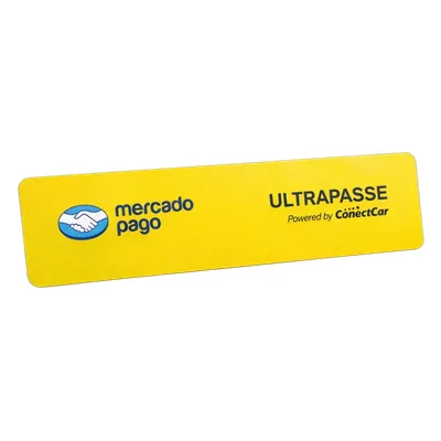 Tag Ultrapasse amarela do Mercado Pago, com a inscrição Powered by ConectCar