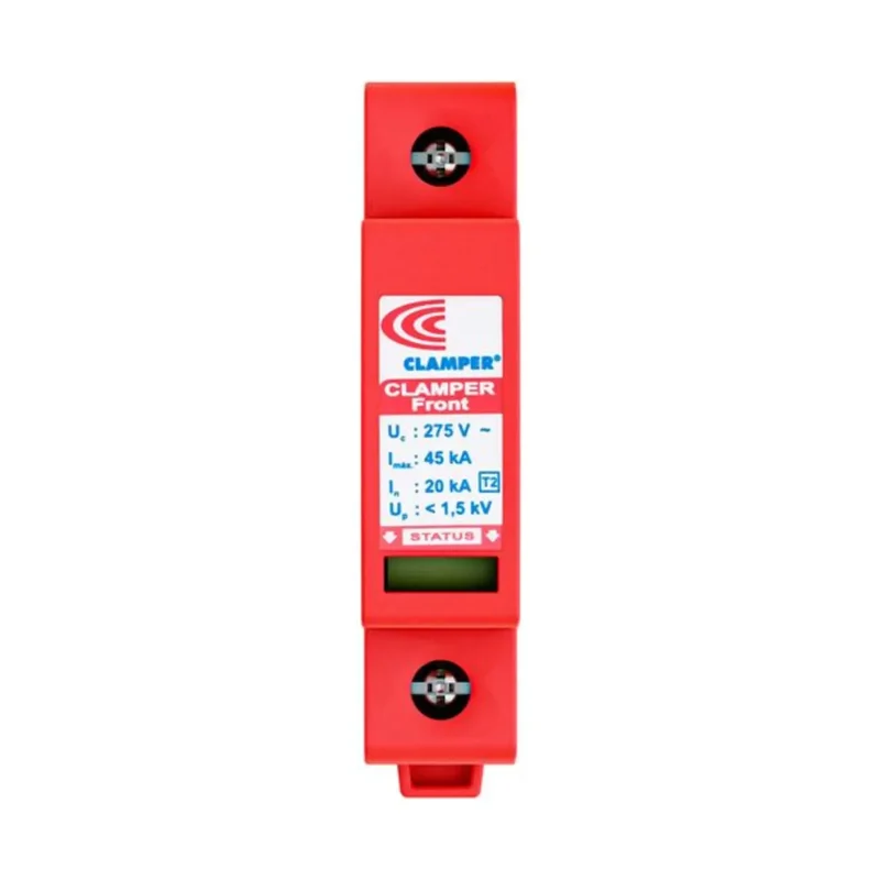 DPS Clamper Front vermelho para trilho DIN, com etiqueta de 275 V e 45 kA e janela de status