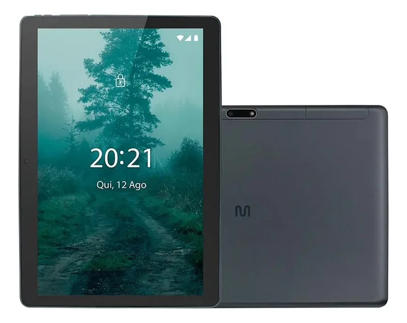 Tablet Multi M10 cinza, de frente e de costas, foto do catálogo do Mercado Livre