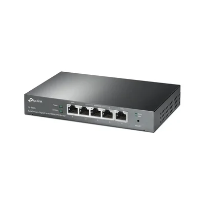 Roteador TP-Link ER605: caixa de metal cinza com cinco portas de rede na frente