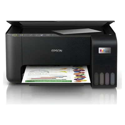 Impressora multifuncional Epson EcoTank L3250 preta com os tanques de tinta na lateral