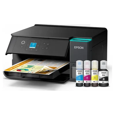 Impressora Epson EcoTank L4360 preta com visor colorido e as quatro garrafas de tinta 504
