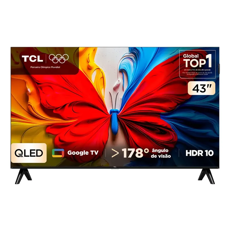 Smart TV TCL QLED 43S5K de 43 polegadas, de frente, com os pés