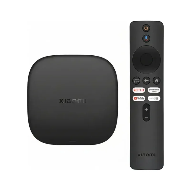 Xiaomi TV Box S de 3ª geração preta com o controle remoto, foto do catálogo do Mercado Livre