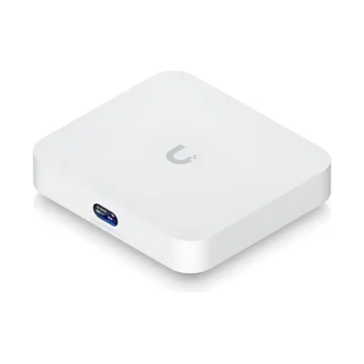 UniFi Cloud Gateway Ultra: caixa branca quadrada e baixa, com tela pequena na frente