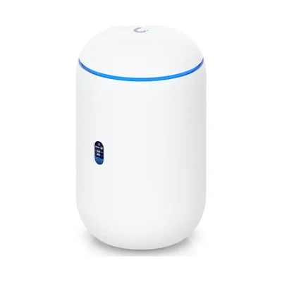 UniFi Dream Router 7: roteador branco em formato de cilindro com faixa de luz azul no topo