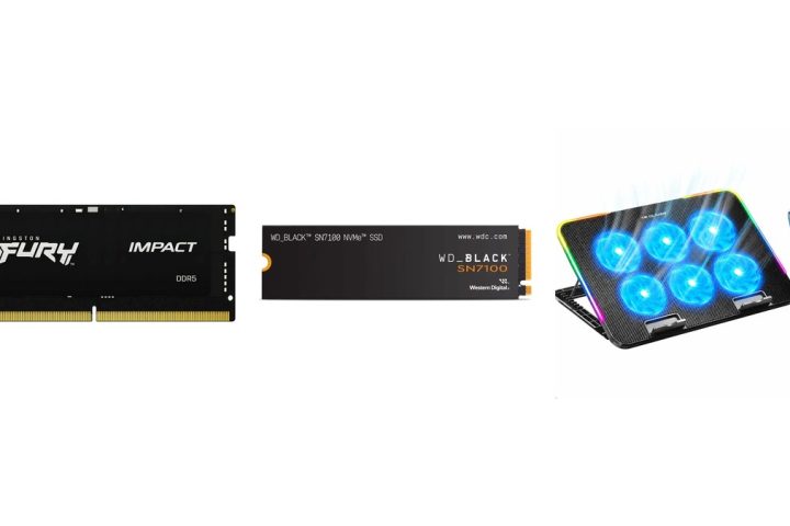 Pente de memória DDR5, SSD NVMe M.2 e base refrigerada para notebook, em fundo branco