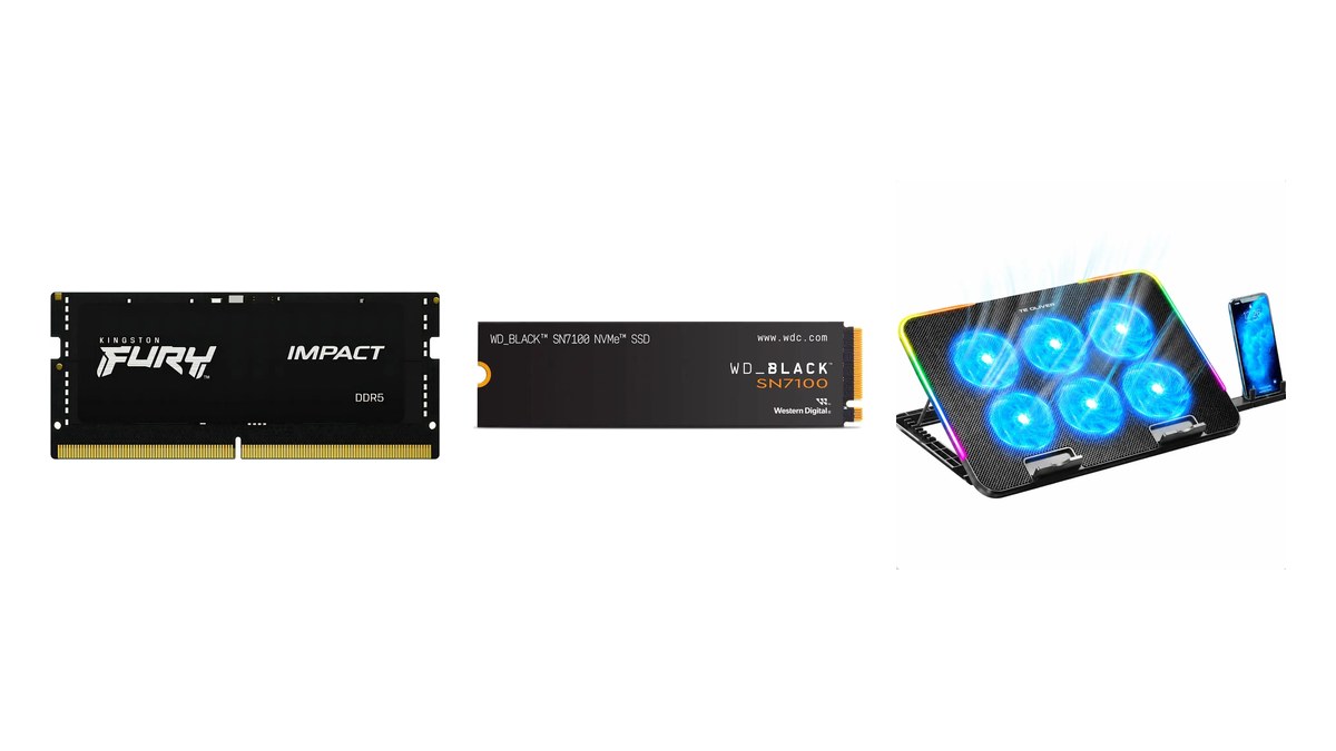 Pente de memória DDR5, SSD NVMe M.2 e base refrigerada para notebook, em fundo branco