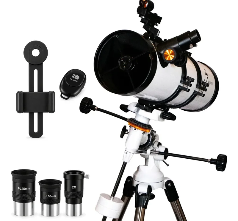 Telescópio refletor Uranum Andrômeda-2 branco de 130 mm em montagem equatorial, com oculares, suporte de celular e controle