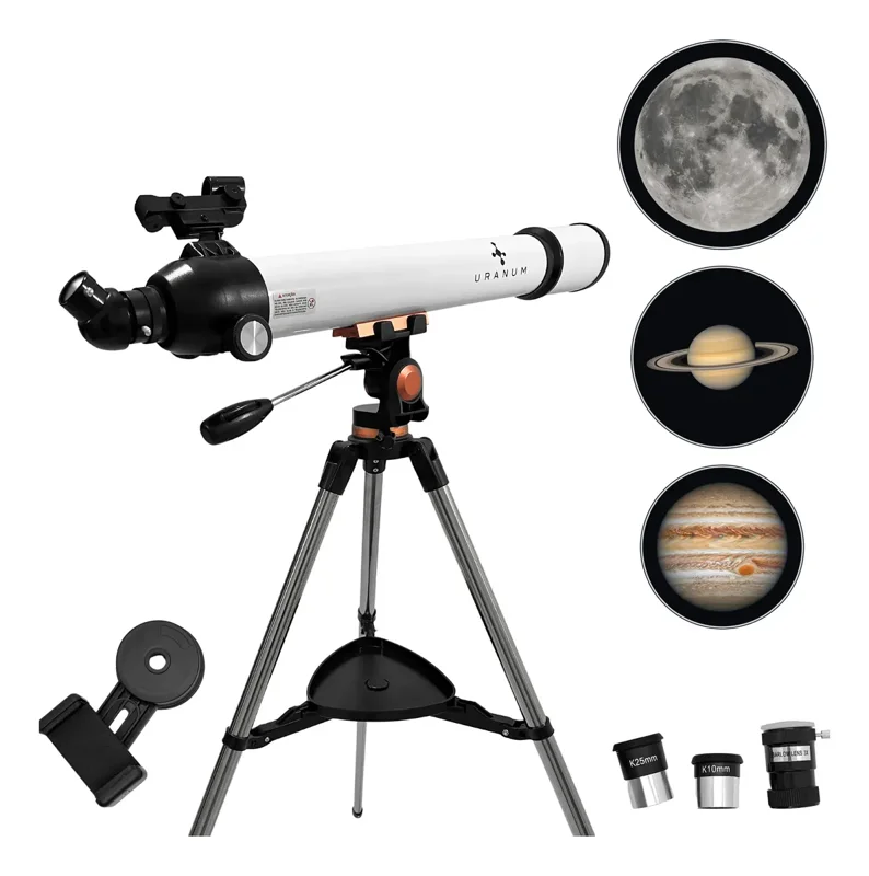 Telescópio refrator Uranum Atena-2 branco de 70 mm no tripé, com suporte de celular e oculares