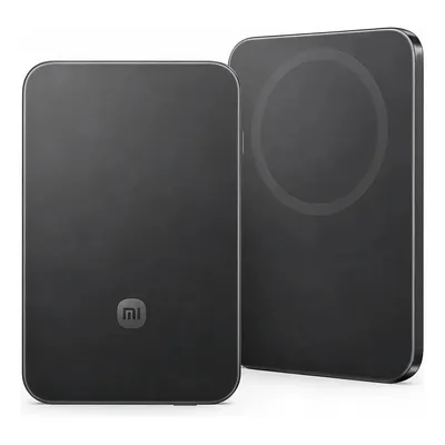 Dois power banks Xiaomi UltraThin Magnetic pretos, um de frente com o logo Mi e outro de costas com o anel magnético