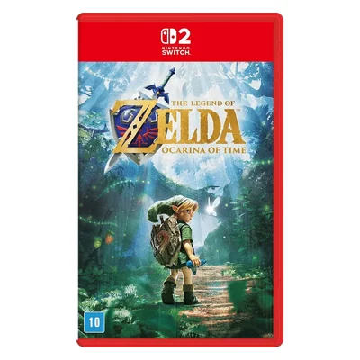 Caixa de The Legend of Zelda: Ocarina of Time para Nintendo Switch 2, com o jovem Link e a fada Navi numa floresta